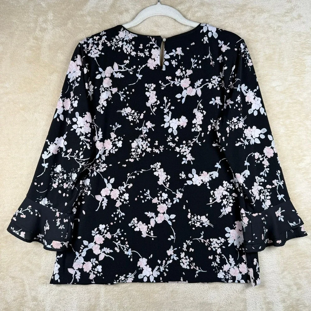 Karl Lagerfeld Paris Womens Black Pink Floral Bell Sleeve Blouse Medium Feminine - Picture 2 of 9